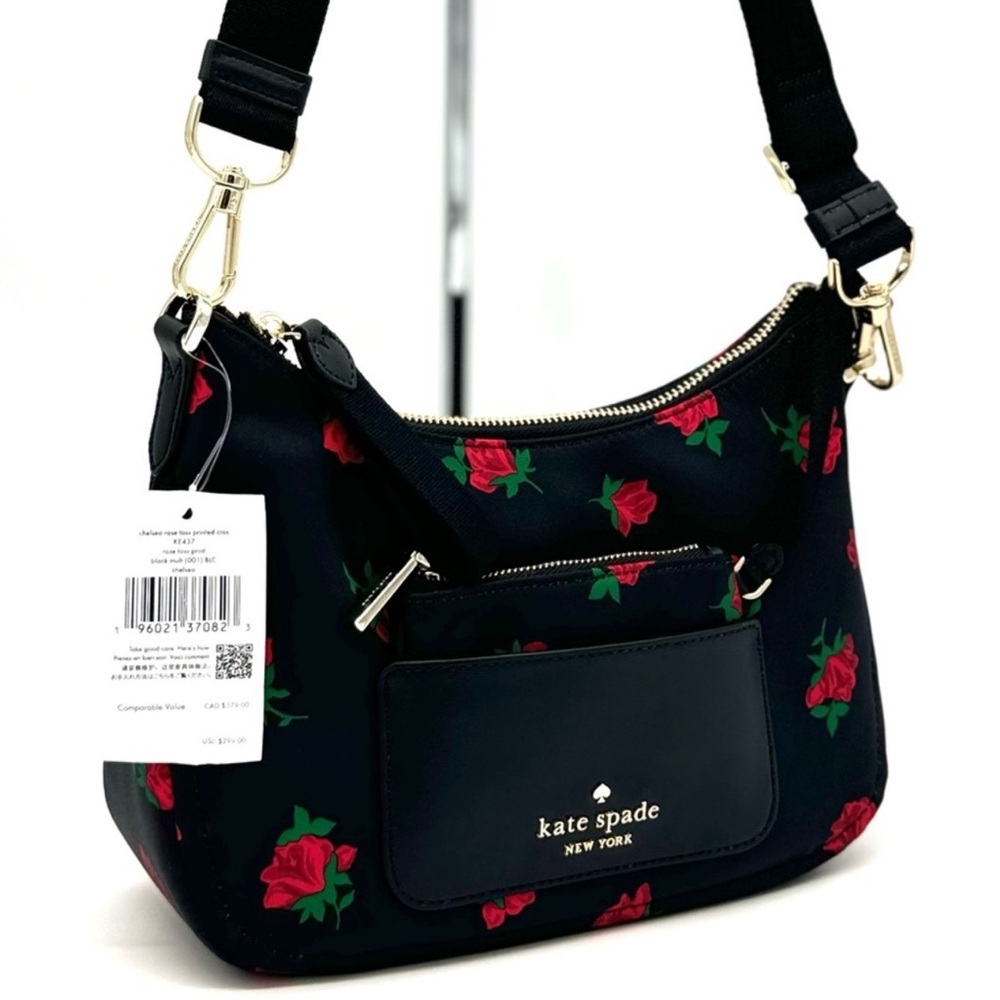 Kate Spade Chelsea Rose Toss Crossbody Bag & Coin Purse Black Multi Rose - Picture 1 of 12